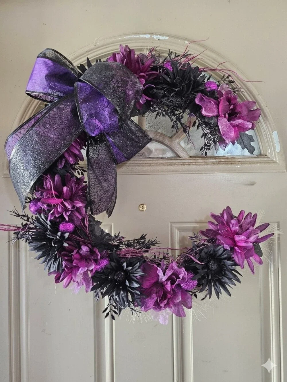 Gothic Halloween Crescent Moon Wreath Purple Black Faux Floral 18” Form